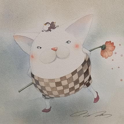 Painting White cat with a flower by Masukawa Masako | Painting Illustrative Watercolor Life style
