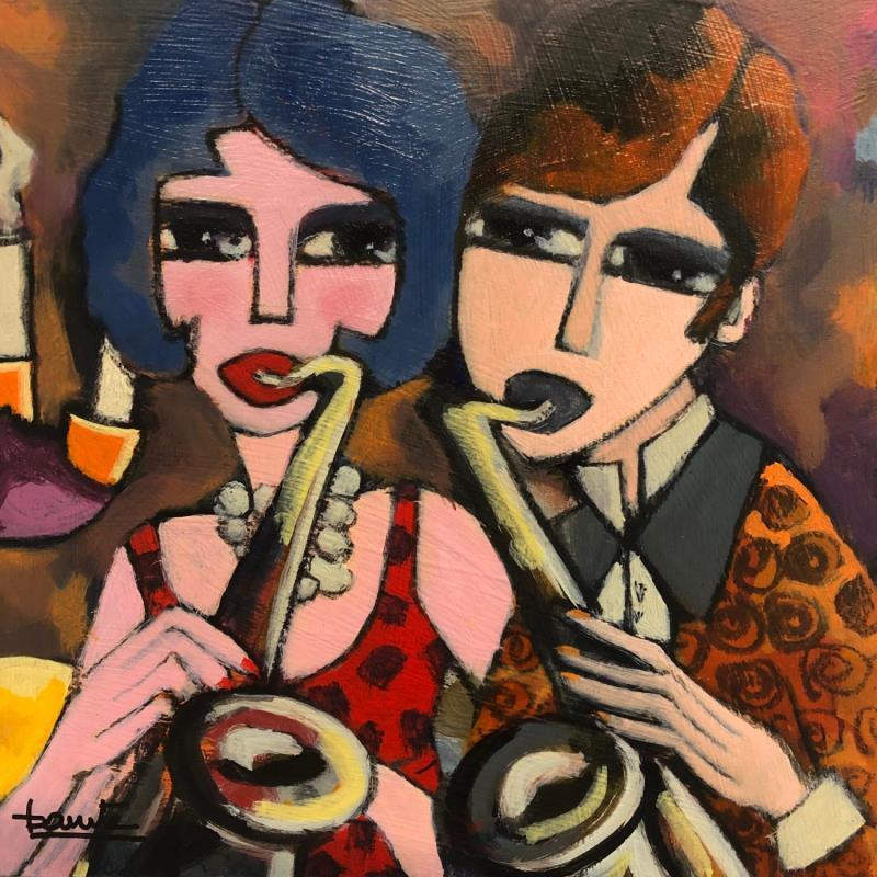 Peinture Couple au saxo par Fauve | Tableau Figuratif Musique Scènes de vie Acrylique