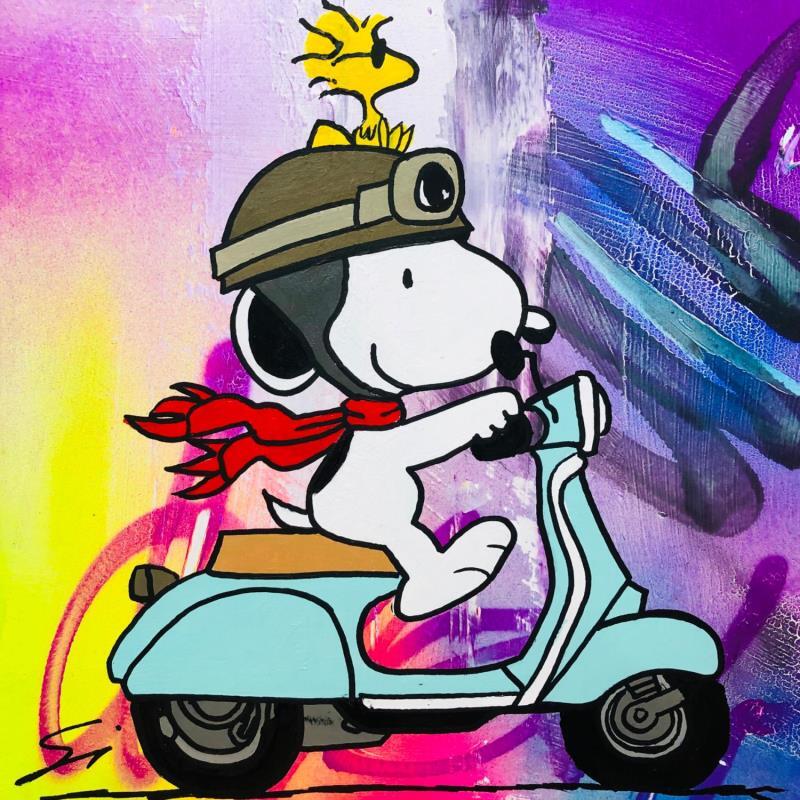 Painting SNOOPY IN VESPA by Mestres Sergi | Painting Pop-art Pop icons Graffiti Acrylic