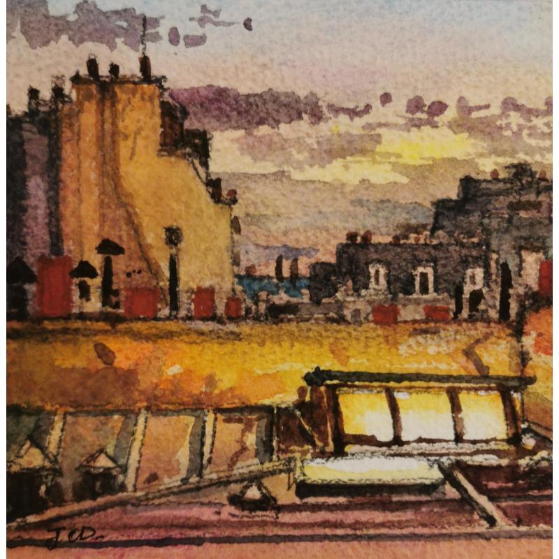 Painting La nuit, les toits by Decoudun Jean charles | Painting Figurative Watercolor Urban