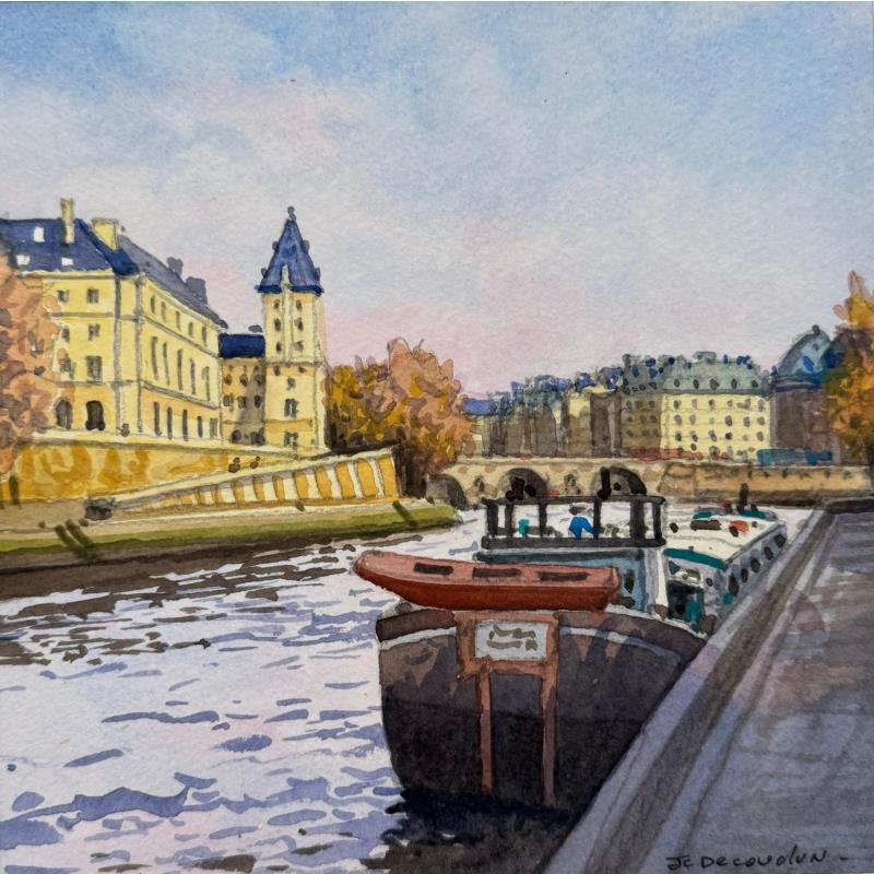 Peinture La Seine, le Quai des Orfèvres par Decoudun Jean charles | Tableau Figuratif Urbain Aquarelle