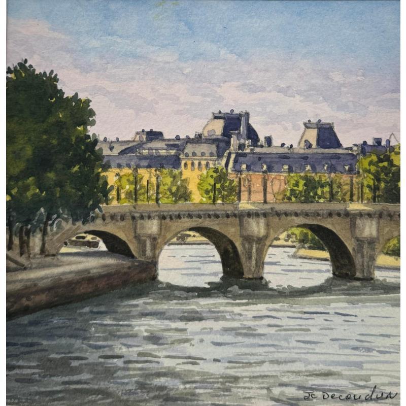 Peinture Le Pont Neuf et le Louvre par Decoudun Jean charles | Tableau Figuratif Urbain Aquarelle