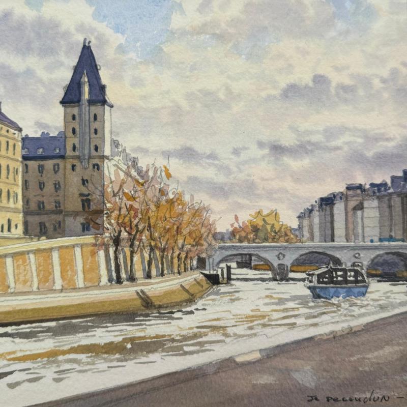 Peinture Le Pont Saint-Michel par Decoudun Jean charles | Tableau Figuratif Urbain Aquarelle