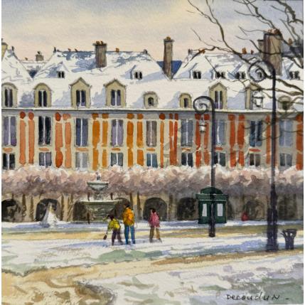 Peinture La place des Vosges en hiver par Decoudun Jean charles | Tableau Figuratif Aquarelle Urbain