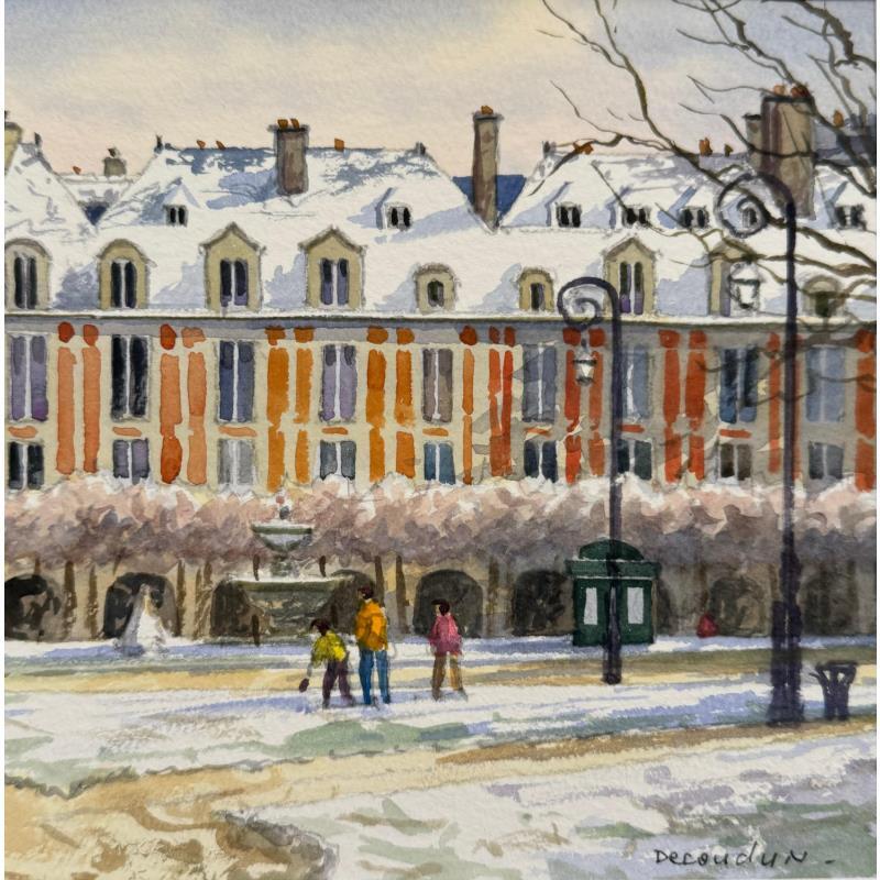 Peinture La place des Vosges en hiver par Decoudun Jean charles | Tableau Figuratif Urbain Aquarelle