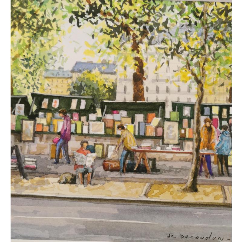 Gemälde Les bouquinistes des quais de Seine von Decoudun Jean charles | Gemälde Figurativ Urban Aquarell
