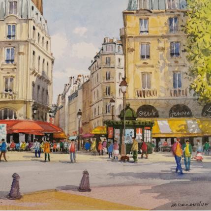 Painting Place Saint Michel by Decoudun Jean charles | Painting Figurative Watercolor Urban