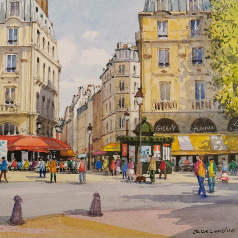 Gemälde Place Saint Michel von Decoudun Jean charles | Gemälde Figurativ Urban Aquarell