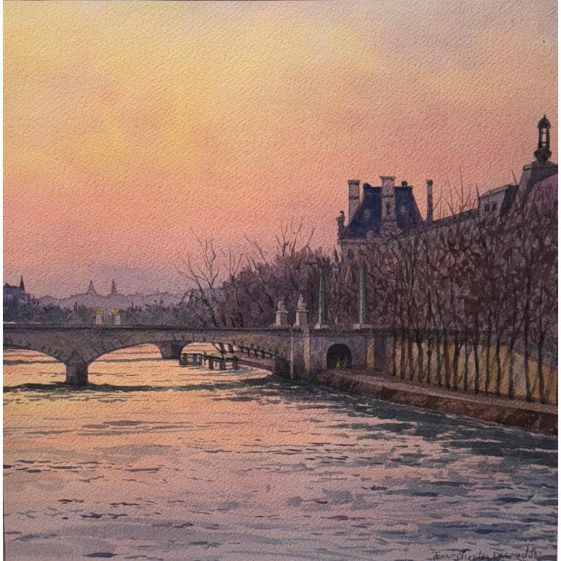 Peinture Le Pont du Carroussel, le Louvre par Decoudun Jean charles | Tableau Figuratif Urbain Aquarelle