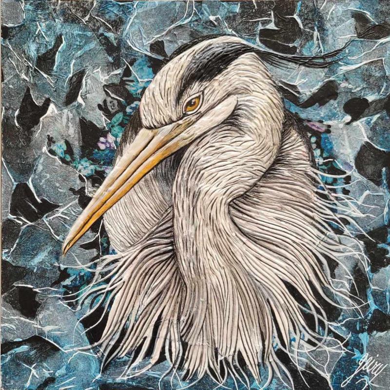 Painting Heron cendre by Geiry | Painting Subject matter Nature Animals Acrylic Pigments Marble powder