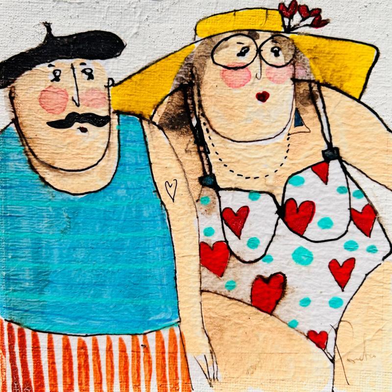 Painting Marcello et Josette by Colombo Cécile | Painting Naive art Acrylic, Gluing, Ink, Pastel, Watercolor Life style, Portrait