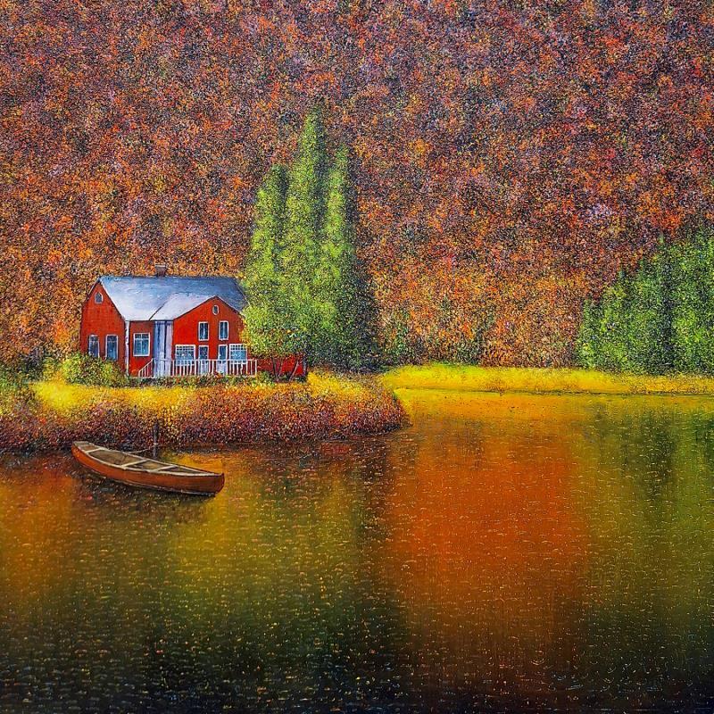 Painting Refuge d'Automne au Bord du Lac by Dessapt Elika | Painting Impressionism Acrylic Sand