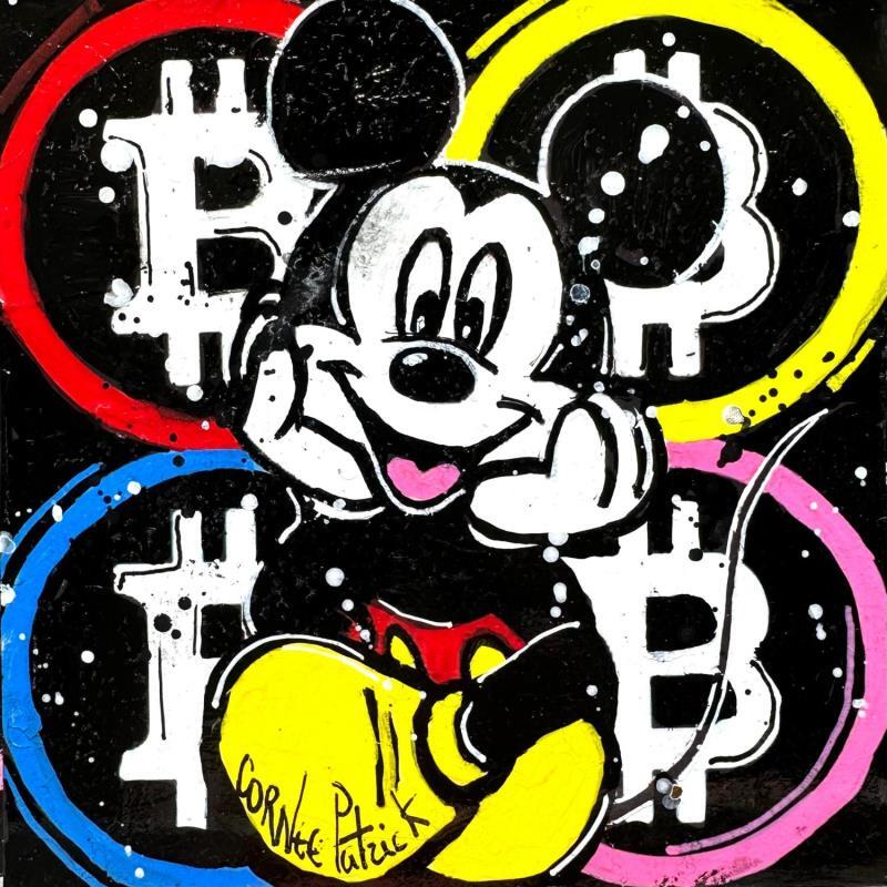 Gemälde Mickey loves Bitcoins von Cornée Patrick | Gemälde Pop-Art Kino Pop-Ikonen Schwarz & Weiß Graffiti Öl