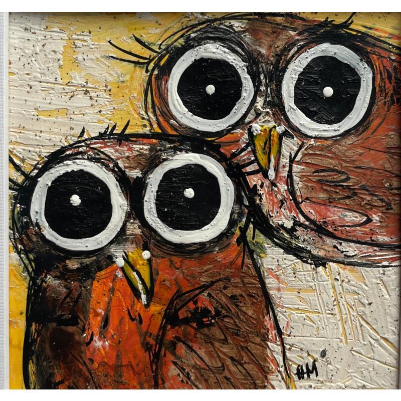 Painting 2 Owls by Maury Hervé | Painting Raw art Animals Posca Ink Sand