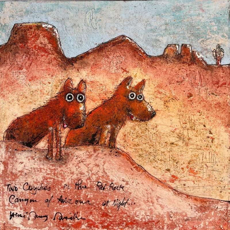 Painting Coyotes in the Red Rock Canyon of Arizona at Night by Maury Hervé | Painting Raw art Animals