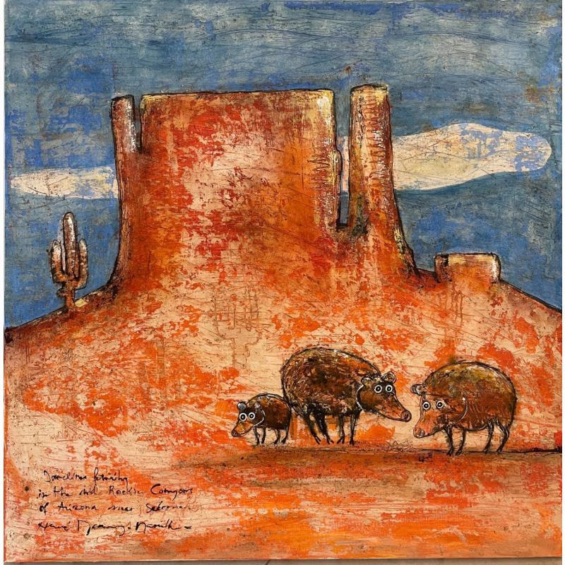 Peinture Javelina Family in the Red Rock Canyon of Sedona, Arizona par Maury Hervé | Tableau Art Singulier Animaux Posca Sable Pigments