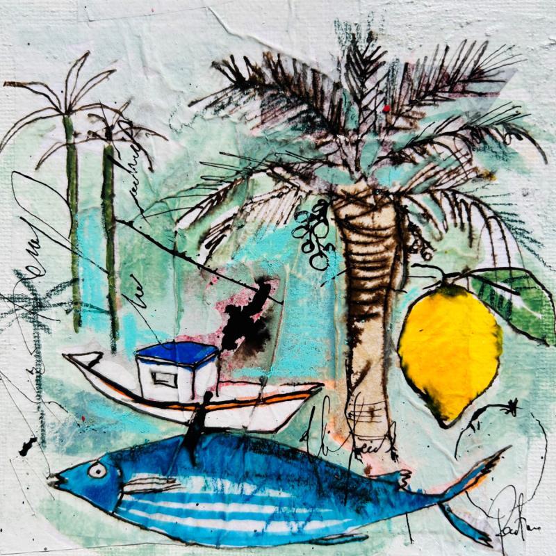 Gemälde Poisson et mer turquoise von Colombo Cécile | Gemälde Figurativ Acryl, Aquarell, Collage, Pastell, Tinte Alltagsszenen, Landschaften, Natur