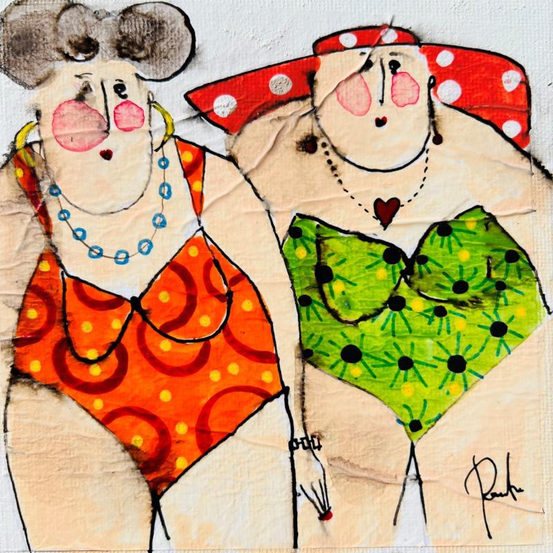 Painting Les copines by Colombo Cécile | Painting Naive art Portrait Life style Watercolor Acrylic Gluing Ink Pastel