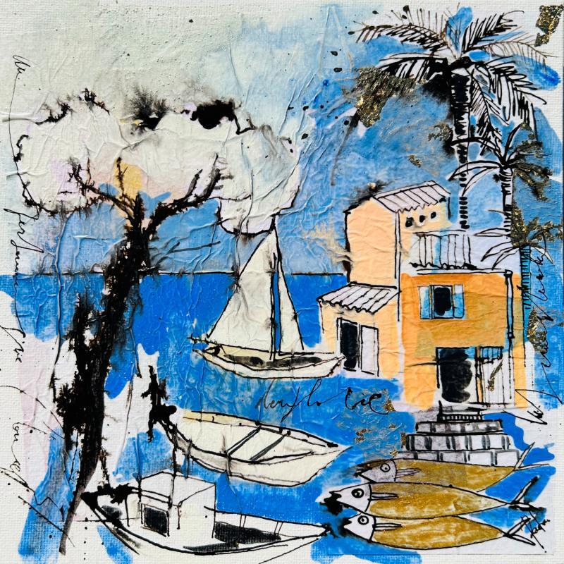 Gemälde Blue note von Colombo Cécile | Gemälde Naive Kunst Landschaften Natur Alltagsszenen Aquarell Acryl Collage Tinte Pastell