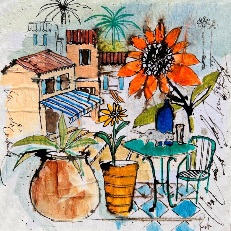 Gemälde Soleil au jardin von Colombo Cécile | Gemälde Naive Kunst Landschaften Natur Alltagsszenen Aquarell Acryl Collage Tinte Pastell