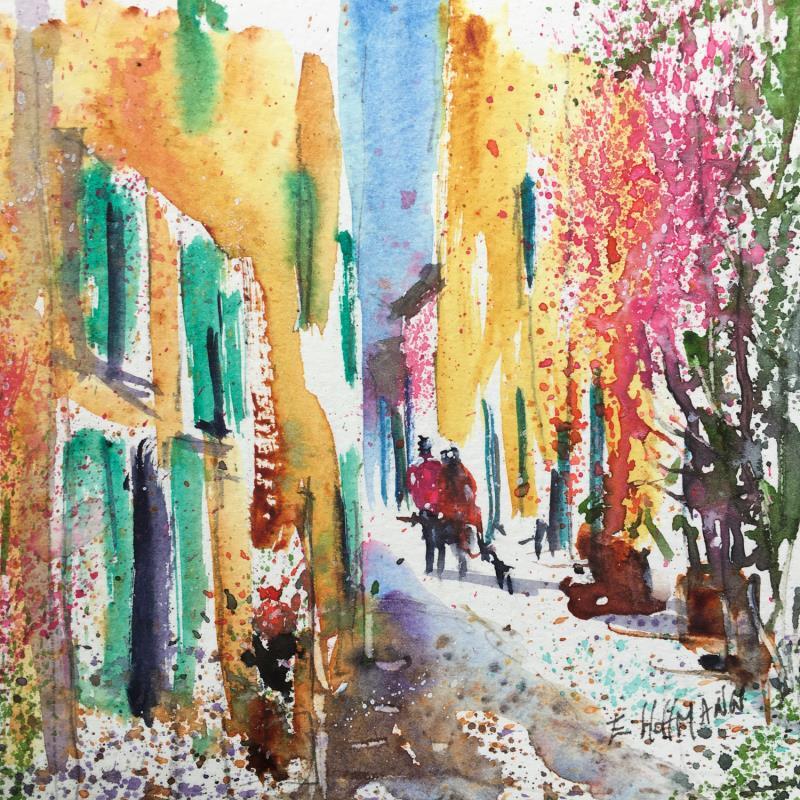 Painting Nice ruelle aux bougainvilliers  by Hoffmann Elisabeth | Painting Figurative Watercolor Life style, Urban