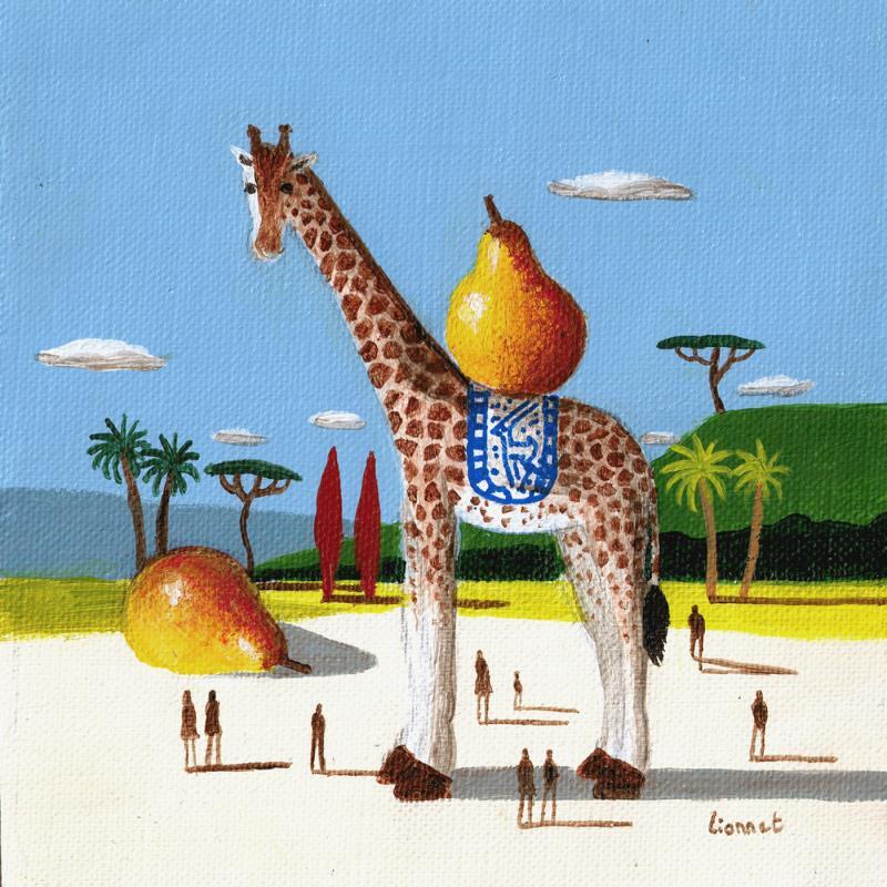 Gemälde girafe aux poires von Lionnet Pascal | Gemälde Surrealismus Landschaften Tiere Stillleben Acryl