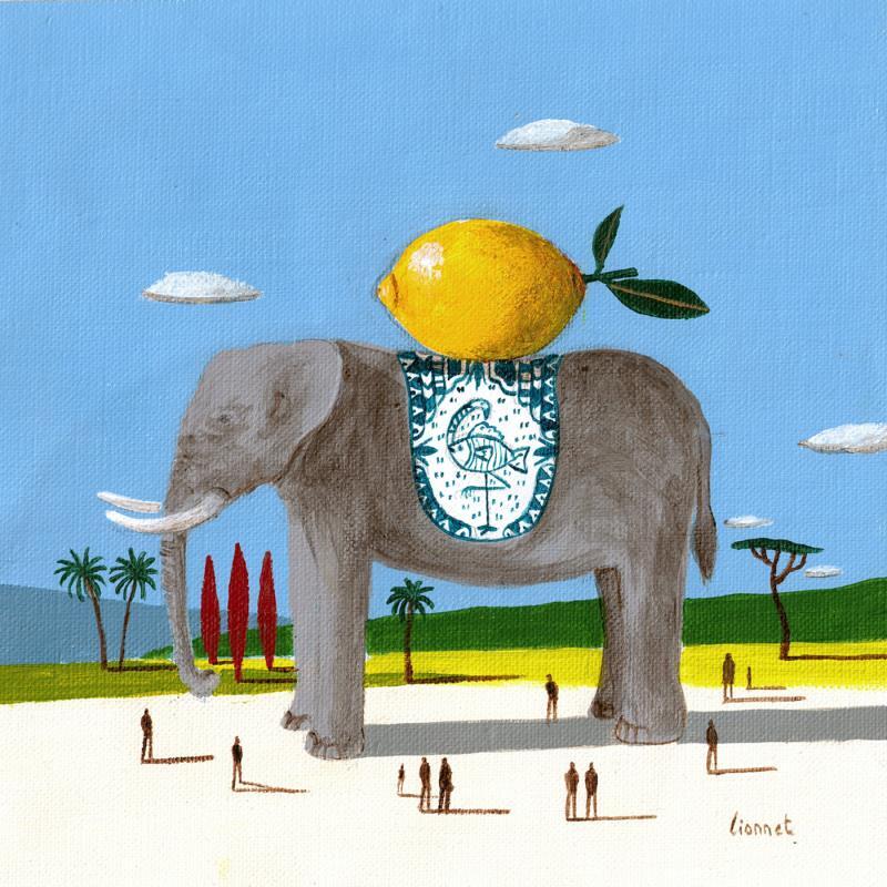 Gemälde éléphant au citron von Lionnet Pascal | Gemälde Surrealismus Landschaften Tiere Stillleben Acryl