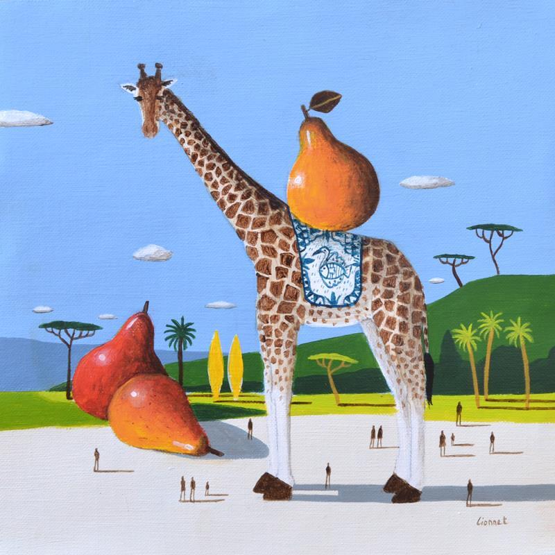 Painting  girafe aux poires by Lionnet Pascal | Painting Surrealism Landscapes Animals Still-life Acrylic