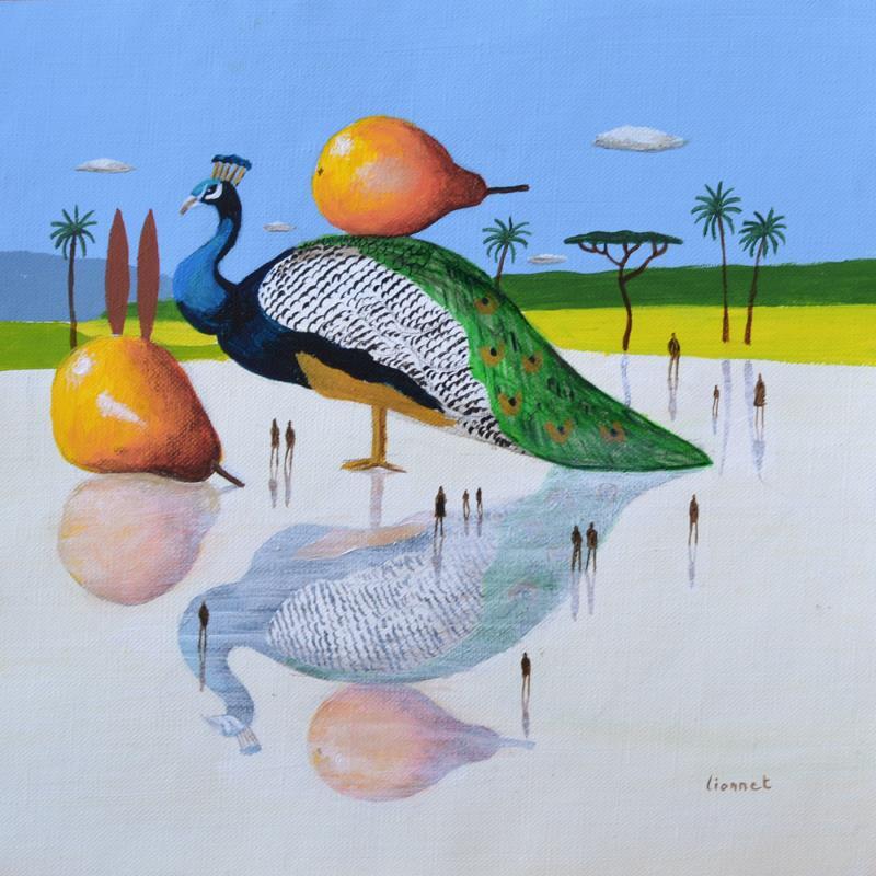 Painting Paon aux poires by Lionnet Pascal | Painting Surrealism Acrylic Landscapes, Life style, Still-life