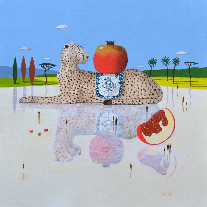 Gemälde guépard aux grenades von Lionnet Pascal | Gemälde Surrealismus Landschaften Tiere Stillleben Acryl