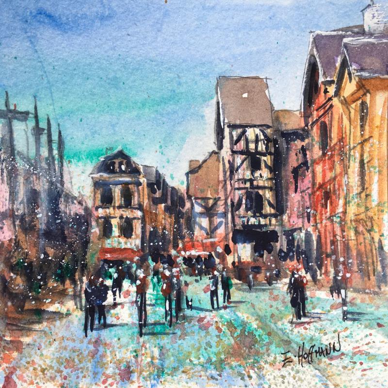 Painting Troyes 171 Place Alexandre Israël  by Hoffmann Elisabeth | Painting Figurative Urban Watercolor