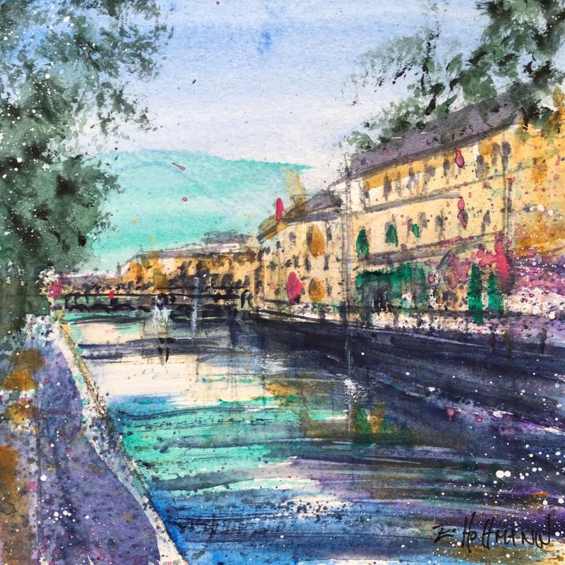 Painting Troyes 175 Le long du canal by Hoffmann Elisabeth | Painting Figurative Watercolor Urban