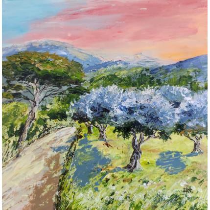 Painting Crépuscule sur l'oliveraie by Rey Ewa | Painting Figurative Acrylic Landscapes, Pop icons