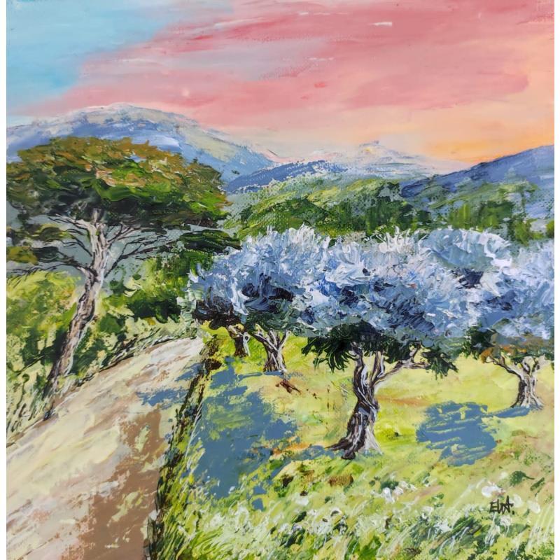 Gemälde Crépuscule sur l'oliveraie von Rey Ewa | Gemälde Figurativ Acryl Landschaften, Pop-Ikonen