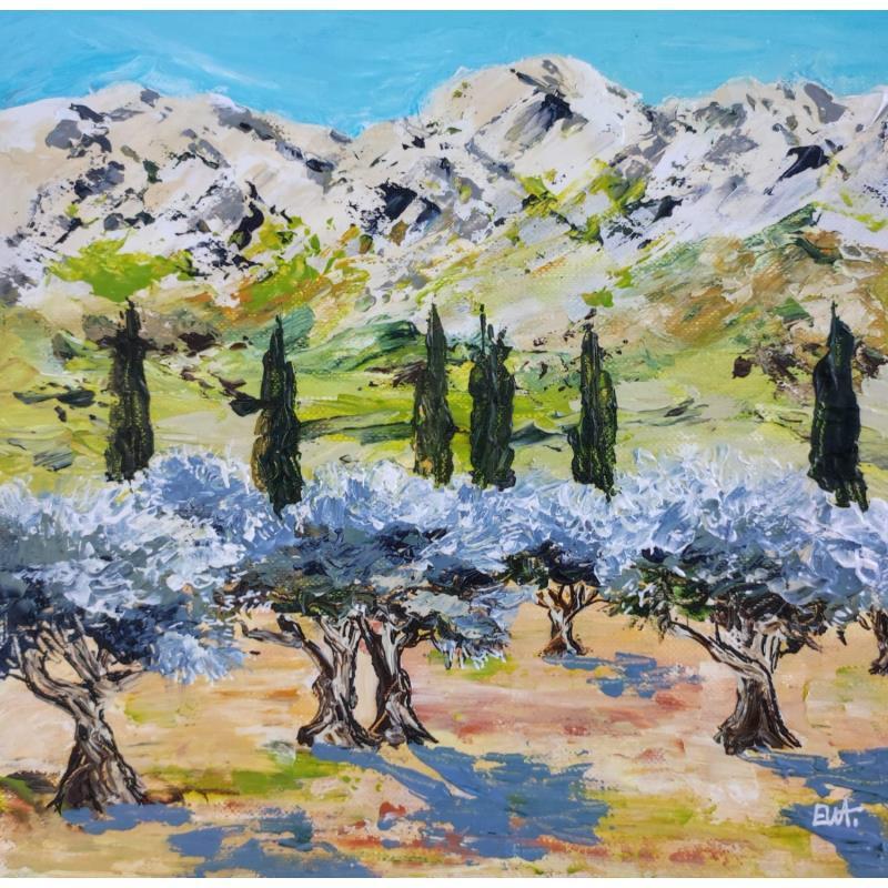 Gemälde Champ d'oliviers dans les Alpilles von Rey Ewa | Gemälde Figurativ Acryl Landschaften, Pop-Ikonen