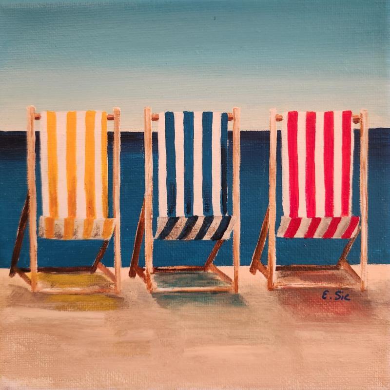 Peinture Les 3 chaises longues par Sie Evelyne | Tableau Figuratif Acrylique Scènes de vie