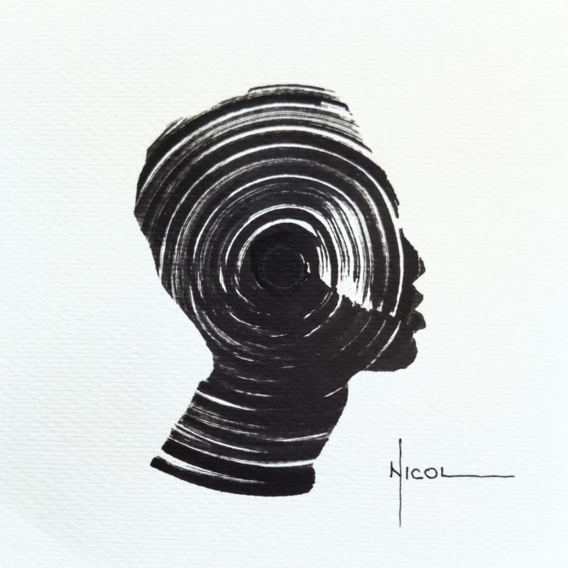 Peinture Time LXXXIX par Nicol | Tableau Figuratif Portraits Minimaliste Noir & blanc Encre