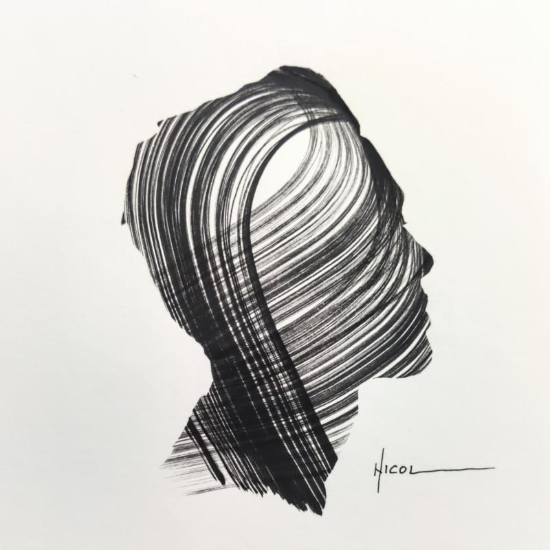 Peinture Time CXIII par Nicol | Tableau Figuratif Portraits Minimaliste Noir & blanc Encre