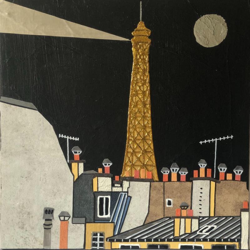 Peinture Une nuit à Paris par Lovisa | Tableau Figuratif Acrylique, Collage, Feuille d'argent, Posca, Upcycling Urbain