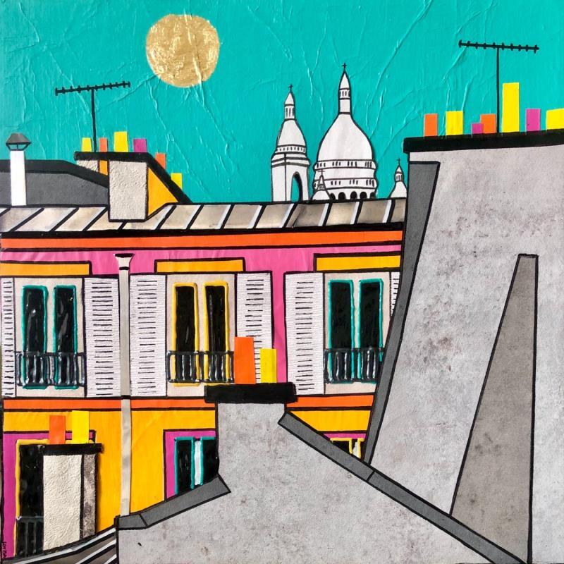 Gemälde Un printemps à Montmartre von Lovisa | Gemälde Figurativ Urban Acryl Collage Posca Blattgold Upcycling