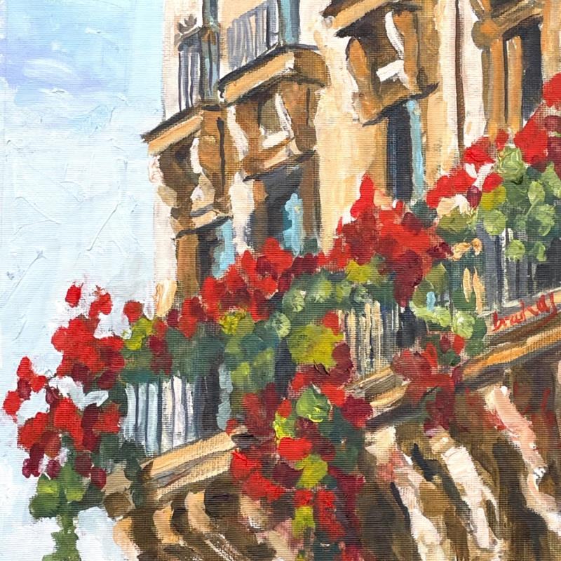 Peinture Fleurs Rouges sur le Balcon Parisien par Brooksby | Tableau Figuratif Huile Architecture, Scènes de vie