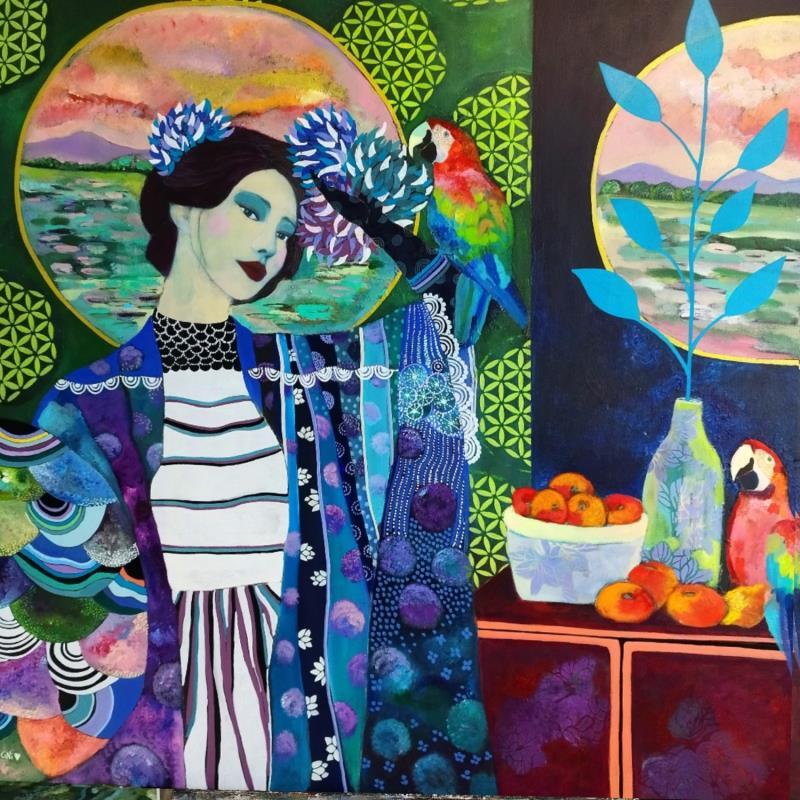 Peinture Geisha intérieur vert aux perroquets  par Picini Victoria | Tableau Figuratif Acrylique, Collage Natures mortes, Paysages, Portraits