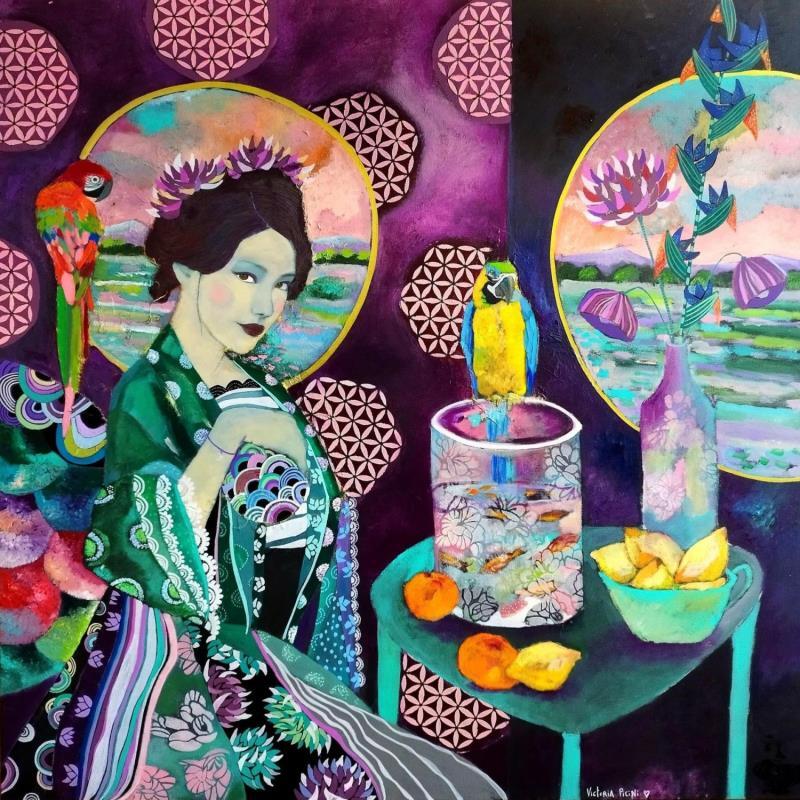 Peinture Geisha intérieur pourpre aux perroquets par Picini Victoria | Tableau Figuratif Acrylique, Collage Natures mortes, Paysages, Portraits
