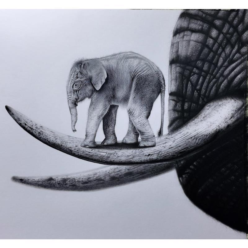 Painting Elephanteau by Benchebra Karim | Painting Figurative Charcoal Animals, Society