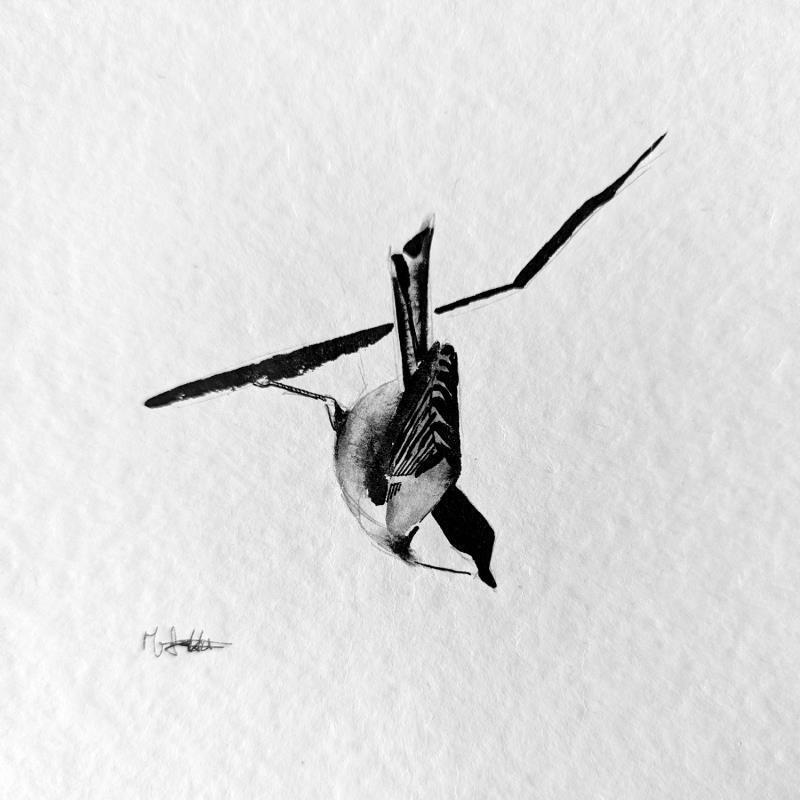 Peinture Petite mésange par Mü | Tableau Figuratif Nature Animaux Noir & blanc Encre