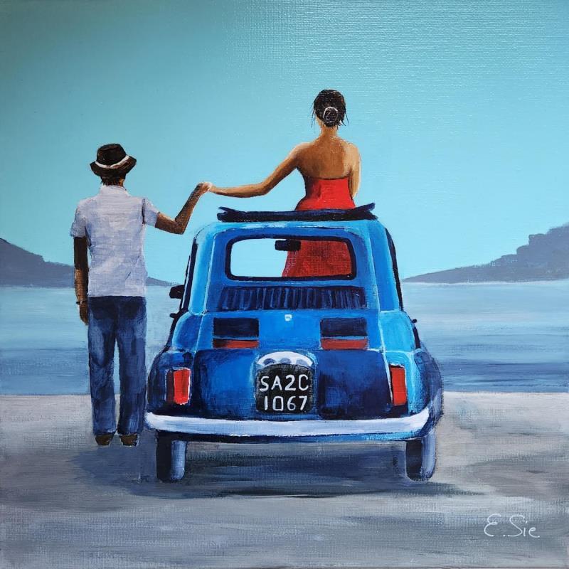 Painting Couple en FIAT by Sie Evelyne | Painting Figurative Acrylic Life style