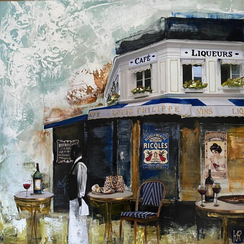 Painting Café Louis Paris  by Romanelli Karine | Painting Figurative Acrylic, Gluing, Paper, Pastel, Posca Life style, Urban