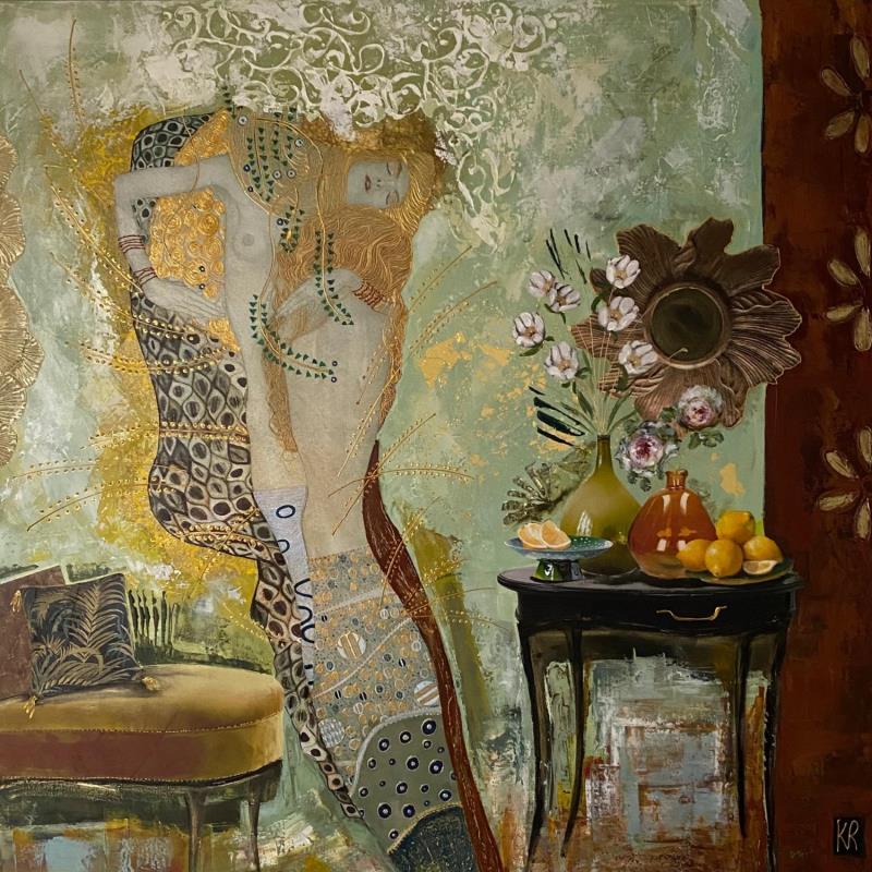 Painting La douceur de vivre  by Romanelli Karine | Painting Figurative Acrylic, Gluing, Gold leaf, Paper, Pastel, Posca Life style, Nude