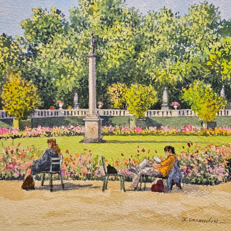 Gemälde Paris, Les chaises du Luxembourg von Decoudun Jean charles | Gemälde Figurativ Urban Aquarell