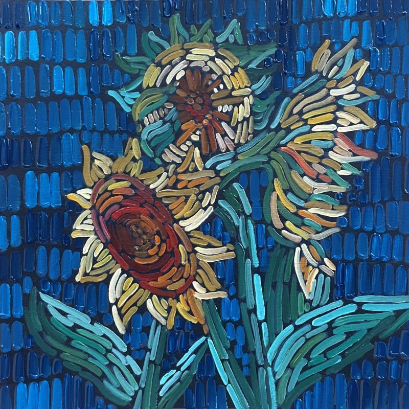Painting Sunflowers on blue by Dmitrieva Daria | Painting Impressionism Acrylic Landscapes, Nature